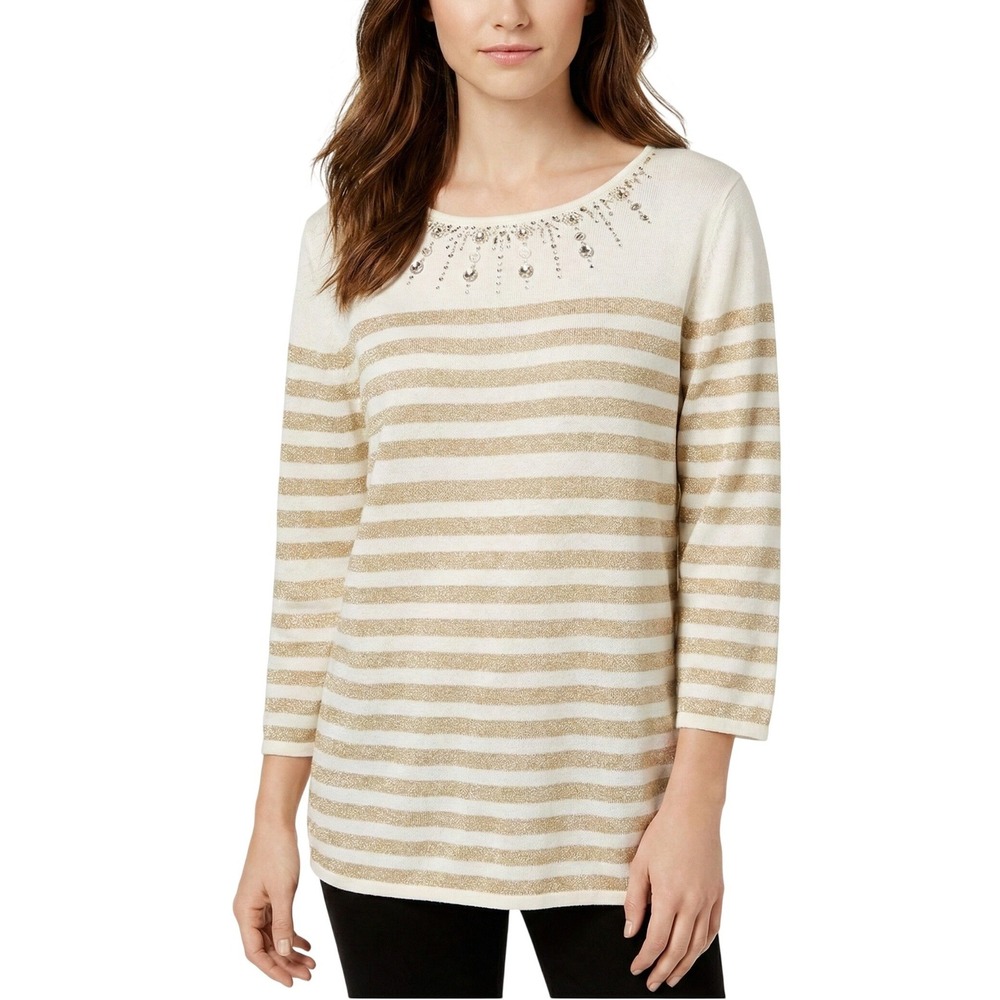 Alfred Dunner Sweater Womens 1X Ivory Gold Striped Embellished Beaded Pullover
